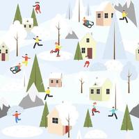 vacaciones de patrones sin fisuras en las montañas. temporada de invierno paisaje al aire libre nieve, casas cálidas y acogedoras, gente y pinos. niños jugando. casa de la estación de esquí de fondo del bosque. ilustración vectorial vector