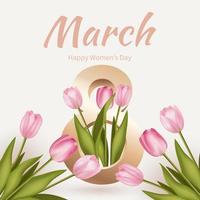 Greeting card for Women's Day 8 March. Spring flower realistic pink tulip vector illustration. Flowers template, luxury golden floral background, international women day flyer, modern banner design.