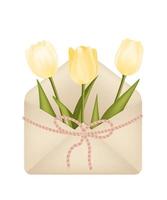 Flowers in the vintage envelope isolated illustration. Mother's day, women's day gift decoration. Realistic 3d trendy letter with flowers inside. Modern greeting concept. Realistic 3d yellow tulips. vector