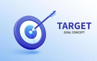 Marketing success concept. Targeting the business. Realistic 3d design red target and arrow in center. Game of darts. Vector web landing page banner design. Business finance, goal, target achievement.