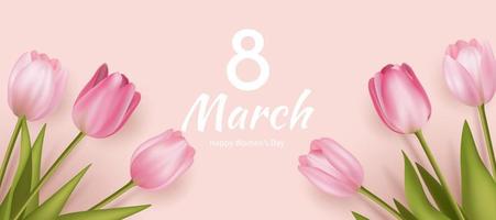 Greeting card for Women's Day 8 March. Spring flower realistic pink tulip vector illustration. Flowers 3d template, floral background , international women day flyer, modern banner design. Peach pink.