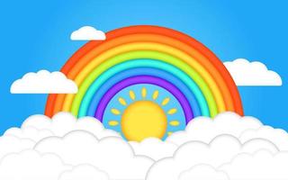 hermosas nubes 3d de verano en el cielo azul con arco iris y sol 3d realistas. ilustración vectorial de niños. estilo tridimensional. ilustración de dibujos animados de niños para volante o pancarta.