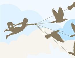 The doctor flies on birds to the patient. A vector illustration