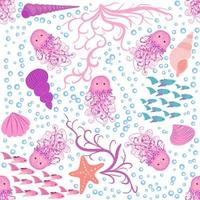 Seamless pattern with detailed transparent jellyfish. Childish seamless pattern with cute hand drawn fishes and jellyfishes in doodle style. Trendy nursery background vector