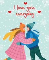 Flat hand drawn valentines day greeting card. Loving couple of young man and woman vector