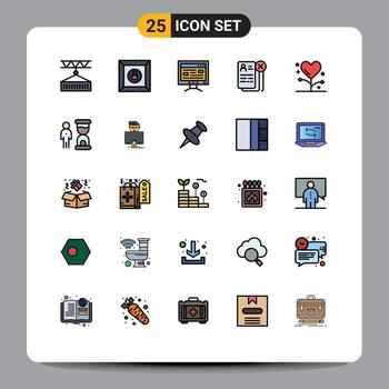 paquete de interfaz de usuario de 25 colores planos básicos de línea llena de elementos de diseño de vector editables de negocio de computadora de trabajo de enfermedad