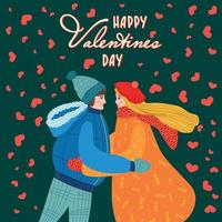 Flat hand drawn valentines day greeting card. Loving couple of young man and woman vector