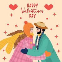 Flat hand drawn valentines day greeting card. Loving couple of young man and woman vector