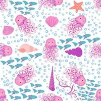 Seamless pattern with detailed transparent jellyfish. Childish seamless pattern with cute hand drawn fishes and jellyfishes in doodle style. Trendy nursery background vector
