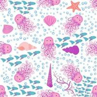 Seamless pattern with detailed transparent jellyfish. Childish seamless pattern with cute hand drawn fishes and jellyfishes in doodle style. Trendy nursery background vector