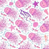 Seamless pattern with detailed transparent jellyfish. Childish seamless pattern with cute hand drawn fishes and jellyfishes in doodle style. Trendy nursery background vector