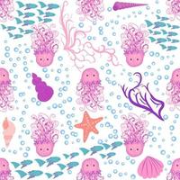 Seamless pattern with detailed transparent jellyfish. Childish seamless pattern with cute hand drawn fishes and jellyfishes in doodle style. Trendy nursery background vector