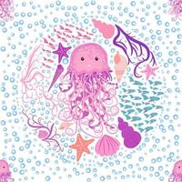 Seamless pattern with detailed transparent jellyfish. Childish seamless pattern with cute hand drawn fishes and jellyfishes in doodle style. Trendy nursery background vector