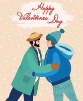 Flat hand drawn valentines day greeting card. Loving couple of young man and woman vector