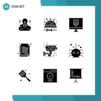 Universal Icon Symbols Group of 9 Modern Solid Glyphs of cctv research coding paper programing Editable Vector Design Elements