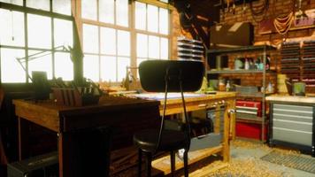 Vintage stylized old carpenter workshop interior photo