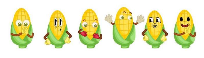 set corn cartoon vector, corn mascot, smile, happy, funny. vector illustration.