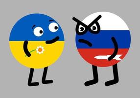 Country of Ukraine holding a chamomile looks kindly at the evil Russia holding a rocket. Two geopolitic characters opposite each other. Russian aggression against the Ukrainian peaceful nation. Vector