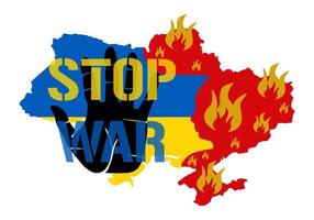 Stop war - palm. Save Ukraine. Stylized map of Ukraine with national flag and attacked burning territories in the form of a bloody head a usurper. Bleeding Ukraine map on fire with children open hand vector