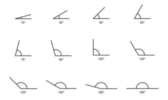 Set of icons from different angles. 15, 30, 45, 60, 75, 90, 105, 120, 150, 165, 180 degrees. Geometric symbol, mathematical elements. Geometry materials. Vector illustration.