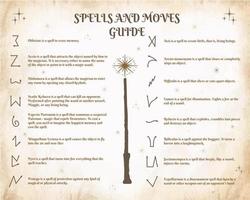 A guide to spells and wand movements in the school of magic. A set of spells. Vector illustration.