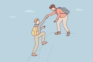 Men climbers with backpacks climb high mountain helping each other overcome difficult sections of rock. Guy extends hand to comrade who is having difficulty conquering new peaks. Flat vector design