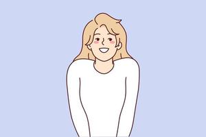 Modest attractive woman stands in shy pose pressing hands to body, sincerely smiling. Beautiful positive blonde girl of young age is dressed in white casual t-shirt. Flat vector illustration