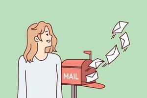 Woman with smile looks at letters flying out of street mailbox, rejoicing at fast delivery of postal items. Cheerful girl receiving many messages from boyfriend or friends. Flat vector illustration