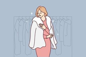 Successful woman trying on natural fur coat stands in winter outerwear store. Blond-haired lady located near rack with jackets choosing right thing for own wardrobe. Flat vector illustration