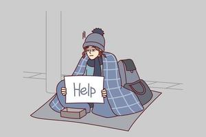 Homeless woman covered with blanket asks for alms sits on ground with inscription help on paper. Unhappy girl outdoor who lost property is in financial trouble and needs support. Flat vector design