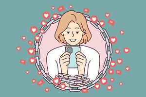 Woman with chained hands using mobile phone symbolizing addiction to internet and gadgets. Girl with smartphone surrounded by hearts cannot refuse to visit social networks. Flat vector image