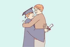 Young guy university graduate in academic robe hugs father after receiving diploma of higher education. Proud man with son during ceremony to mark end of college year. Flat vector illustration