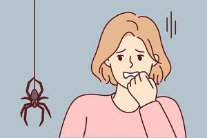 Frightened woman puts hand to face when sees large spider descending from ceiling along web. Young girl experiences arachnophobia after seeing insect and is afraid of being bitten. Flat vector image