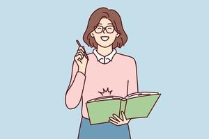 Happy woman in glasses holding large notepad in hands and with smile making note or plan for day. Positive girl standing with book holding pen to do marks when reading literature. Flat vector image