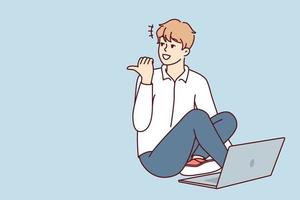 Man sitting on floor with laptop and looking back pointing finger doing college assignment. Casual guy freelancer enjoys remote work for internet companies or start-ups. Flat vector design