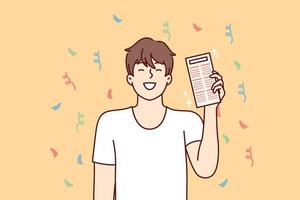 Happy man with calendar or work schedule in hands smiling while standing among falling confetti. Guy rejoices at fulfillment working deadlines or successful completion of project. Flat vector design