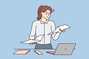 Dissatisfied woman secretary reads paper letter stands near table with laptop. Tense girl in business clothes examines documents sent by tax office with message about fine or debt. Flat vector image