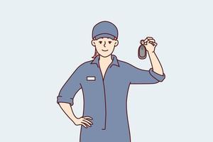 Woman in janitor clothing demonstrates what she found while cleaning in business center. Girl working at car wash shows key to automobili after providing body cleaning services. Flat vector design