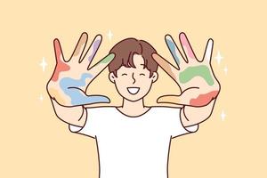 Positive guy stretches arms forward showing remains of multi-colored spots after drawing lesson. Creative boy in white t-shirt shows palms after experimenting with art. Flat vector illustration