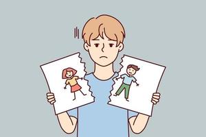 Sad boy with blond hair holds in hands torn pictured with painted kids. Cheerless child of pree teen age after school quarrel or conflict tears up self-drawn portrait. Flat vector design