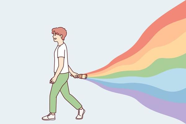 Young guy walks leaving behind rainbow symbolizes carelessness and positive attitude. Youth man holding brush painting bright colors on wall to give others good mood. Flat vector illustration