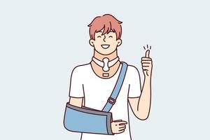 Positive young guy with broken arm shows thumb up as sign of gratitude to doctors. Optimistic man with orthopedic collar to support head necessary for rehabilitation after injury. Flat vector design