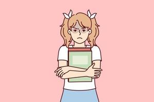 Girl with textbooks is upset because of bad grades at school or lack of friends among classmates. Schoolgirl with pigtails stands clutching books to chest and looking at camera. Flat vector image