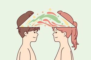 Boy and girl with colorful splashes of paint near heads symbolize joint brainstorming. Creative guy and lady look at each other, for concept of inspiration from communication. Flat vector image