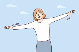 Free woman spreads arms to sides standing on background of sky with clouds depicts flight of bird. Carefree smiling girl imagines that she is airplane and tries to take off. Flat vector design