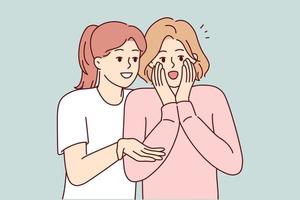 Woman shares gossip with friend by telling stories she read in tabloids or Internet. Girl is surprised to open mouth wide when she hears unexpected facts or sees attractive guy. Flat vector image