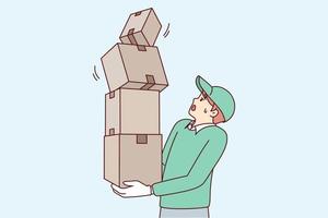 Man courier holds several boxes as he looks frightened at falling package. Sloppy delivery guy drops orders during loading or transportation, risking damage to goods. Flat vector illustration