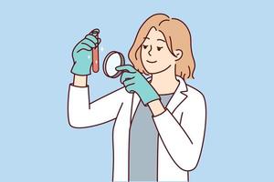 Female scientist in white medical uniform explore tube with magnifying glass. Woman researcher analyze laboratory specimen with magnifier. Vector illustration.