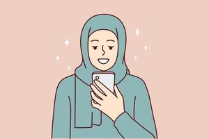 Muslim woman smiling using mobile phone for text messaging or visiting islamic sites. Girl with hair covered with niqab or paranja rejoices after receiving email in smartphone. Flat vector design