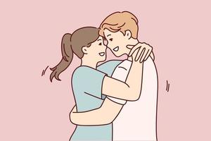 Man and woman in love embrace after long separation, rejoicing at long-awaited meeting. Young couple of guy and girl cling to each other rejoicing at start of date. Flat vector illustration